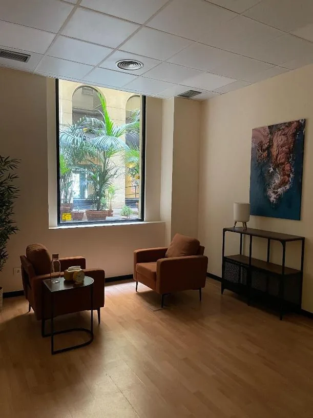 Sala de consulta con dos butacas, una planta y una ventana